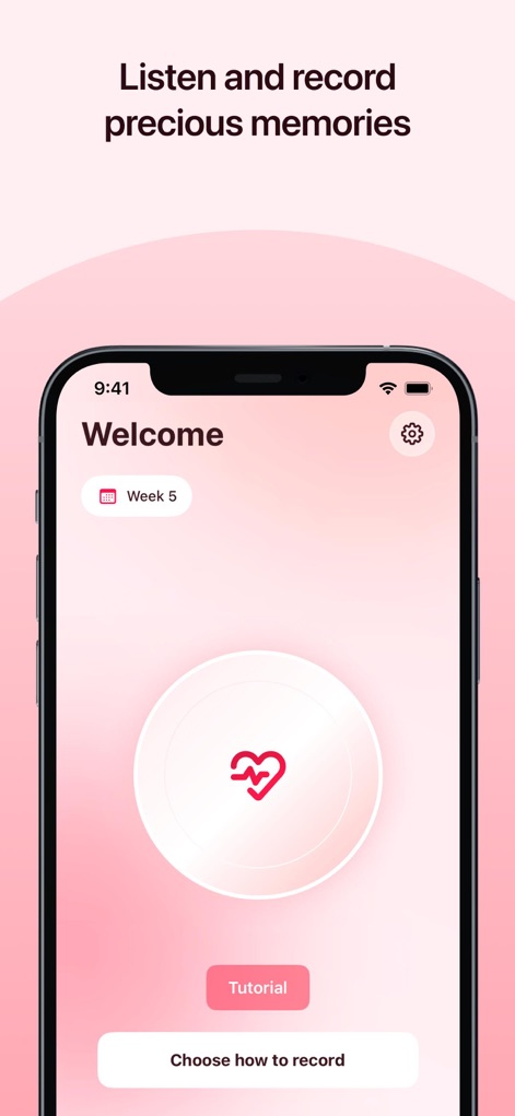 My Baby Heart Sounds App - Discover the app's user-friendly interface, featuring a prominent heart-shaped recording button, and easily track pregnancy progress with the integrated 'Week 5' indicator.