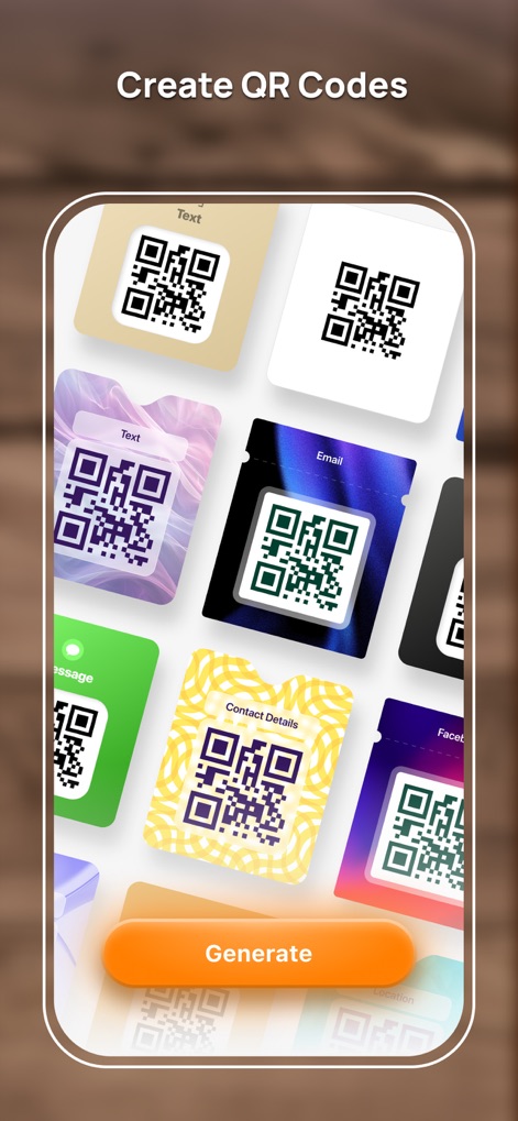 قارئ الباركود - Barcode reader - La aplicación ofrece la creación de códigos QR personalizados para distintos propósitos como "Texto" o "Email", presentados con diseños vibrantes y un botón de "Generate" en naranja.