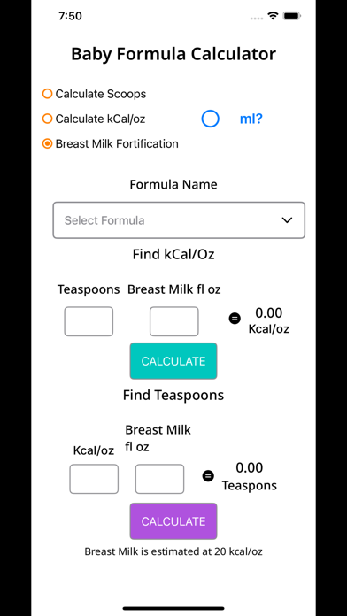 Baby Formula Calc Screenshot