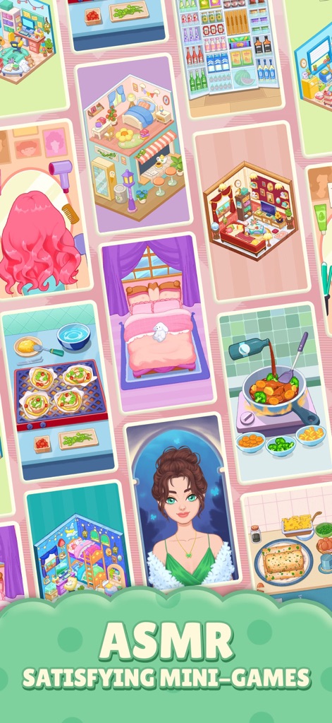 Tidy Up - Satisfeel ASMR - This screenshot highlights the diverse array of mini-games available, prominently featuring the central 'ASMR SATISFYING MINI-GAMES' banner.