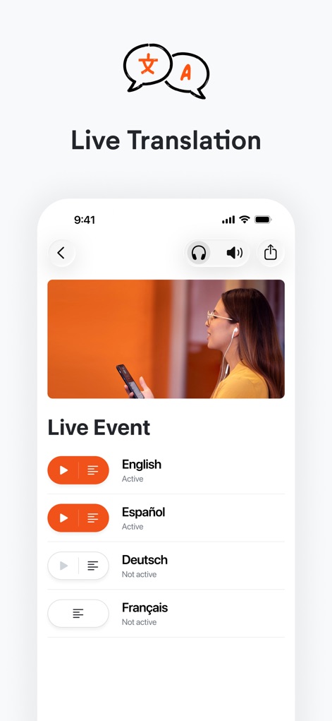 LiveVoice - A interface exibe a disponibilidade de 'múltiplos canais de idioma ativos' para tradução, como 'English' e 'Español', enquanto uma 'visualização de vídeo' integrada na parte superior complementa a experiência do usuário com contexto visual do evento.