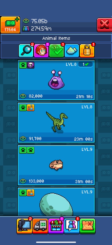 PewDiePie's Tuber Simulator - Esta sección del inventario exhibe una variedad de criaturas pixeladas, desde un dinosaurio hasta un huevo, que los usuarios pueden adquirir para decorar sus habitaciones virtuales.
