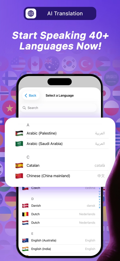 AirTranslator AirPod Translate - La interfaz exhibe un extenso listado de idiomas disponibles, desde "Arabic (Palestine)" hasta "Chinese (China mainland)", demostrando el alcance global de la traducción.