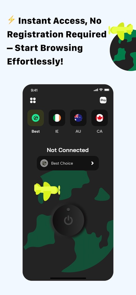 VPN - Airplane VPN Proxy - This tool streamlines access with a prominent one-tap connect button and a clear display of available server locations through country flag icons.