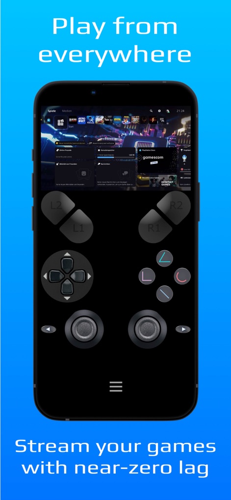 PXPlay: Remote Play - Users can navigate their console dashboard and activate games using the app's intuitive virtual gamepad controls for seamless play.