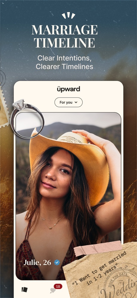 Upward Dating: Meet Singles App Store screenshot 4, headline “MARRIAGE TIMELINE”. Quotation marks.
