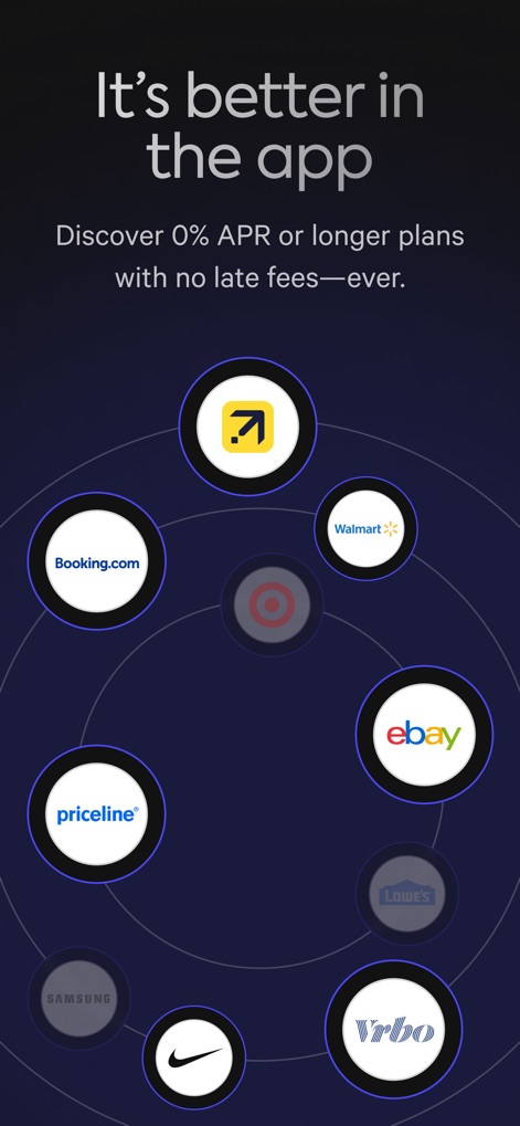 Affirm: Buy now, pay over time - This visual demonstrates the extensive network of partners and brands, including Walmart and eBay, where users can discover diverse payment plans and benefit from the app's no-late-fee policy.