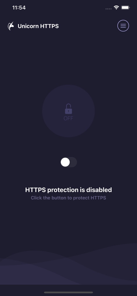 Unicorn HTTPS - Ce visuel présente la facilité de désactivation de la protection, avec le cadenas 'OFF' bien visible et l'invitation claire à utiliser le bouton de bascule pour réactiver la sécurité HTTPS.