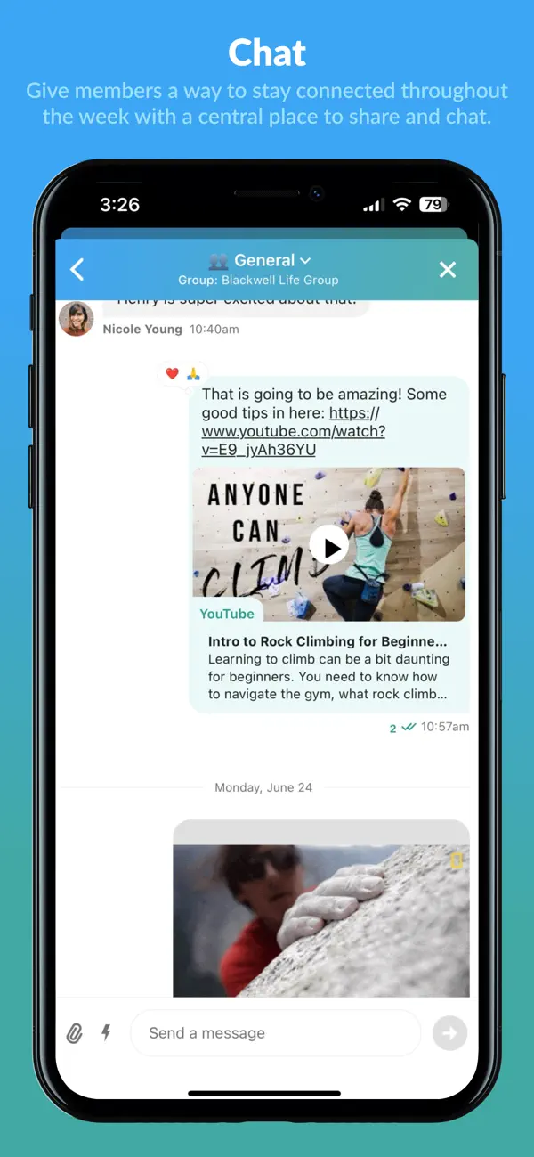 Official Church Center app screenshot showing group chat
