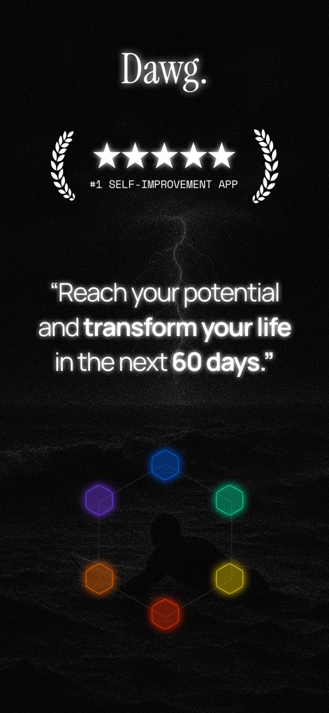 DAWG - Discipline & Motivation - The app's striking introduction features a prominent 5-star rating and an inspiring quote, setting the stage for self-transformation.