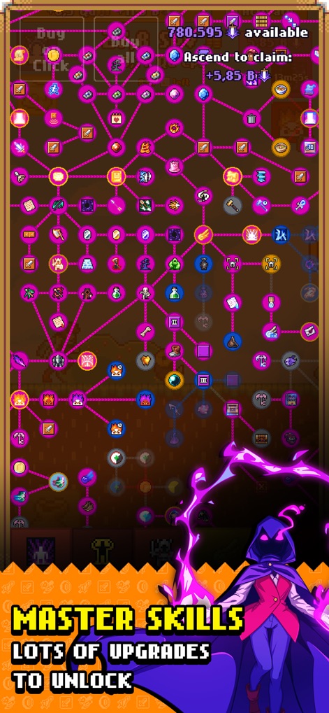 Idle Slayer: Addictive Clicker - Delve into the sprawling skill tree, revealing a complex network of interconnected nodes and numerous upgrade options for endless character progression.