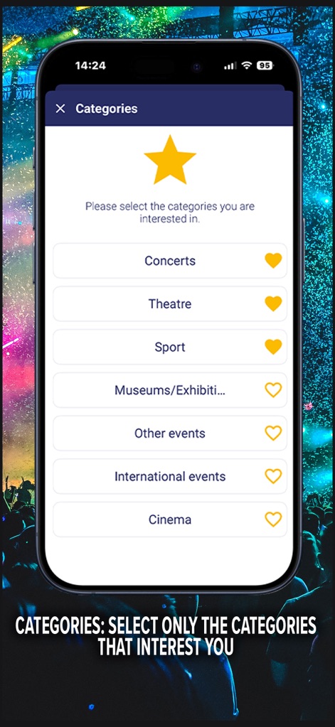 TicketOne: Tickets for Events - Les utilisateurs peuvent sélectionner leurs catégories d'événements préférées via une interface de sélection par liste, agrémentée d'icônes de cœur pour marquer leurs intérêts.