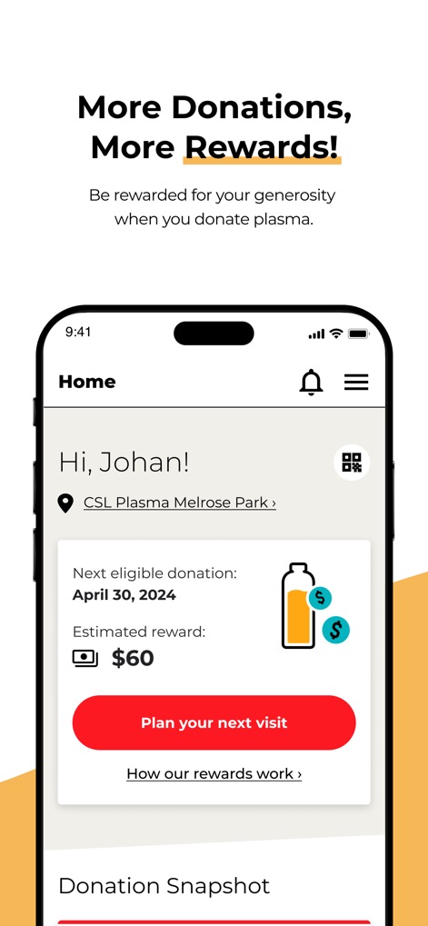 CSL Plasma - Users can easily view their next eligible donation date and the estimated reward for their upcoming contribution, alongside a clear call to action to plan their next visit.