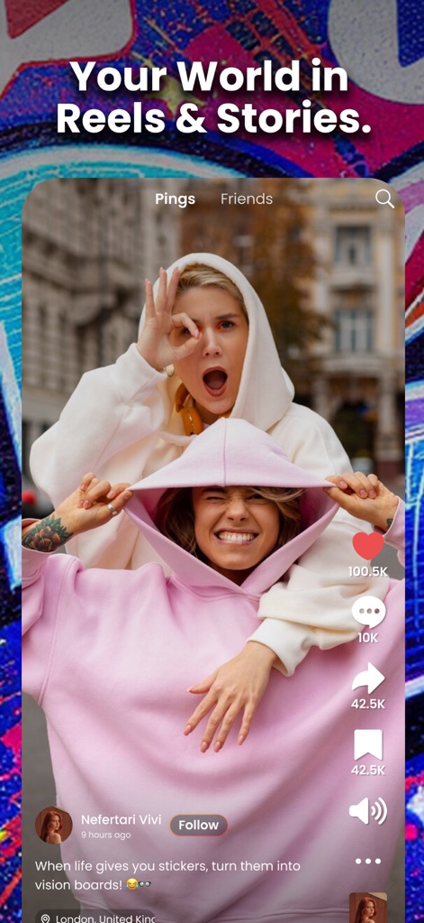 PingTop - Les utilisateurs peuvent explorer un fil d'actualité dynamique, affichant des vidéos courtes attrayantes et des indicateurs d'engagement (likes, commentaires, partages) pour une interaction sociale.