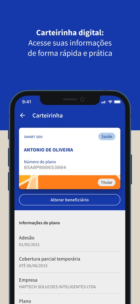 Hapvida NotreDame - Explore the digital ID card interface, displaying the beneficiary's name and plan number, alongside a convenient 'Change beneficiary' option.