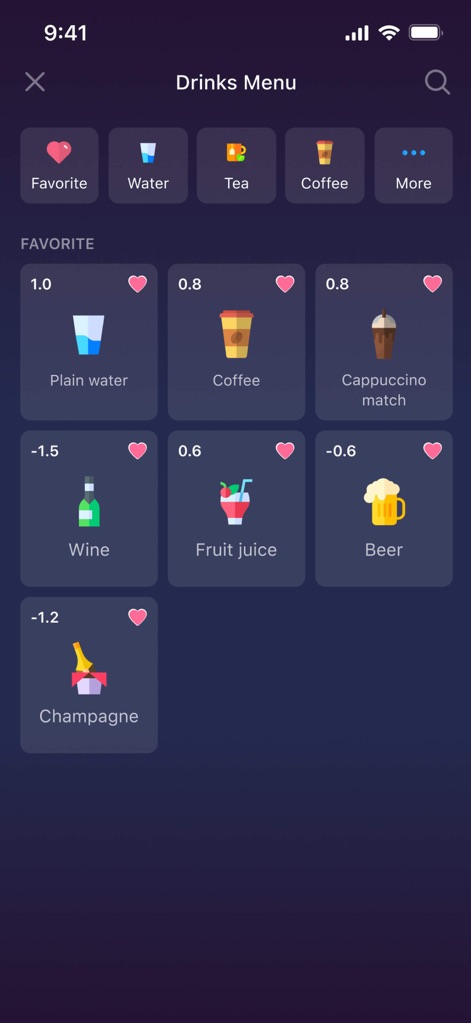 Drink water: Drinking reminder - Explore a comprehensive drinks menu featuring various beverage categories and a selection of user-favorited drink types with their corresponding hydration values.