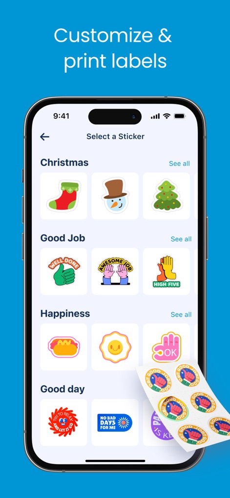 Smart Printer App & Scan - Esta función permite a los usuarios seleccionar y personalizar etiquetas de diversas categorías, como 'Navidad' o 'Buen Trabajo', con la capacidad de imprimirlas directamente en hojas físicas.