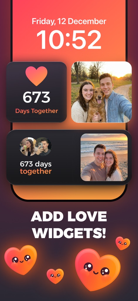 Lovio - Couples App & Widgets - See how users can personalize their screens with widgets, such as the "Days Together" counter featuring a shared photo and a smaller widget displaying the same milestone with individual images.