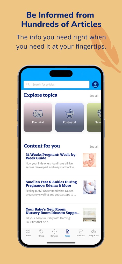 Enfamil: Baby Rewards Tracker® - The app provides a comprehensive library of articles categorized by topics like prenatal and postnatal care, offering expert guidance and week-by-week pregnancy content.