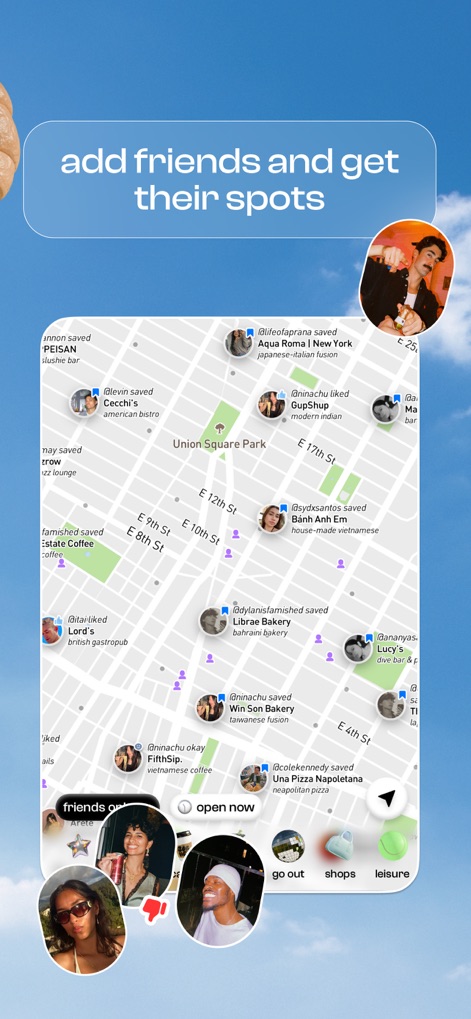 corner: curate & share places - Discover new places by viewing friends' saved locations on a shared map, highlighted alongside their profile avatars, fostering a community of shared experiences.
