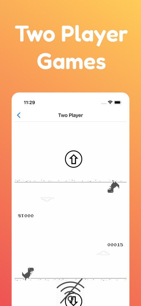 Tirek - No Wifi Games - A tela demonstra o modo de dois jogadores, com dois dinossauros em tela e setas de controle separadas para cada participante.