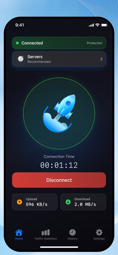 VPN Fly 2026 - This view illustrates the active VPN connection with a clear 'Connected' status and dynamic 'Upload' and 'Download' speed metrics for real-time monitoring.