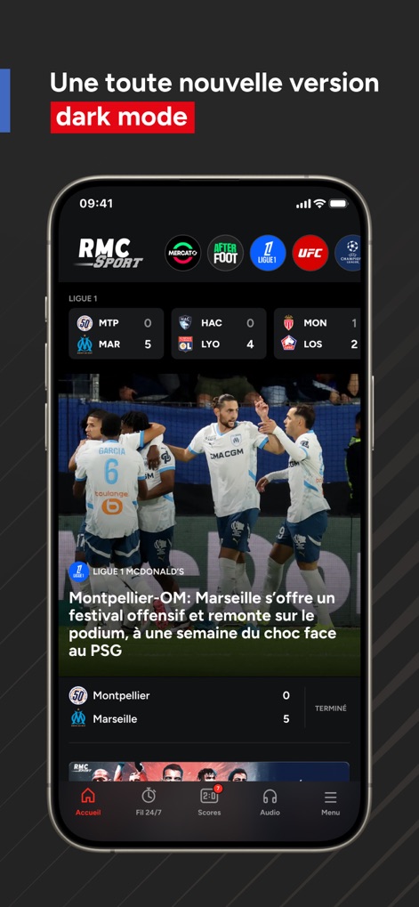 RMC Sport News, score en live - L'application propose un mode sombre, offrant un confort visuel optimal et une interface moderne avec ses contrastes prononcés entre le texte clair et le fond obscur.