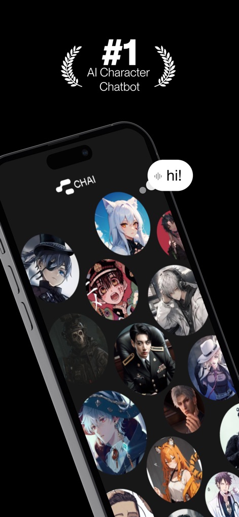 CHAI: Social AI Platform- Chat - このアプリは、AIキャラクターチャットボットとして「#1 AI Character Chatbot」の評価を受けており、ユーザーは画面上の多様なAIキャラクターのプロフィール画像からお気に入りの相手を選び、すぐに会話を始められます。