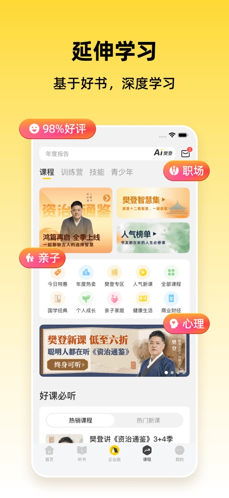 帆书-听大咖解读经典 收获知识 - Beyond book interpretations, this section offers '课程' and '训练营' content, categorized by vibrant icons for topics like '职场' and '亲子', underscored by a reassuring '98% 好评' banner.