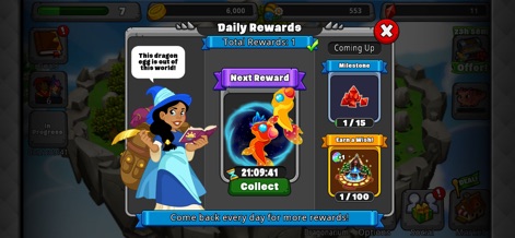 DragonVale - Breed Dragons - L'interface des récompenses journalières motive les utilisateurs à revenir quotidiennement, présentant des bonus comme le "Next Reward" et des jalons pour des "Milestone" futurs, enrichissant l'expérience de jeu.