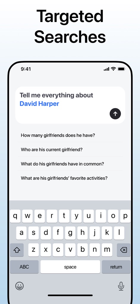 Deepsearch AI Search Assistant - The app supports highly specific inquiries about individuals, allowing users to pose detailed questions beyond basic information and receive targeted answers.