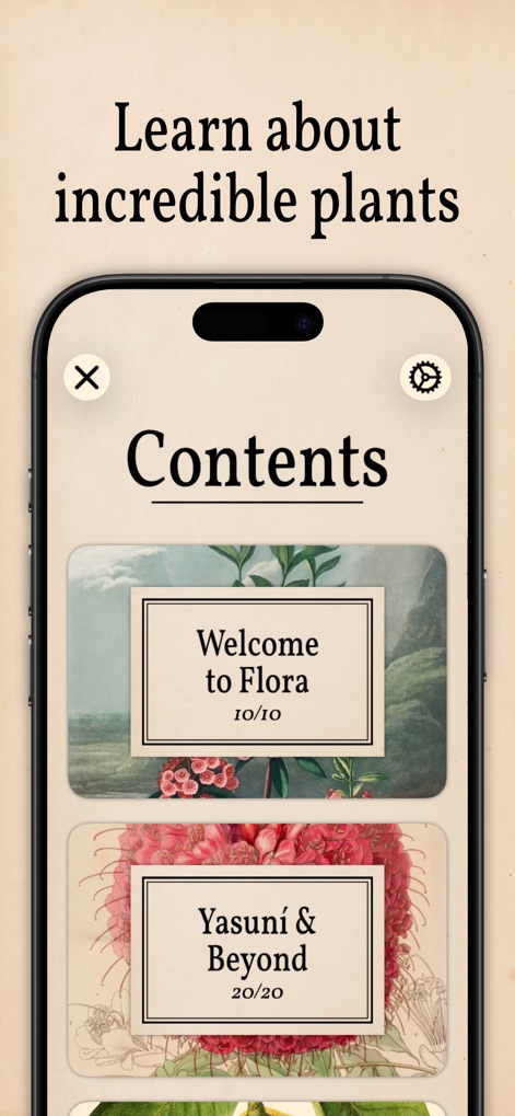 Art of Flora: Cozy Puzzles - Gli utenti possono navigare attraverso il menu "Contenuti" per esplorare le diverse collezioni di puzzle, come il set introduttivo "Welcome to Flora" e le sfide più avanzate come "Yasuni & Beyond".