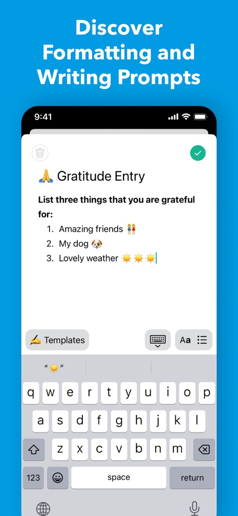 Daylio Journal - Mood Tracker - Users can leverage helpful 'Writing Prompts' like the 'Gratitude Entry' and utilize intuitive text formatting options to enhance their journal notes.