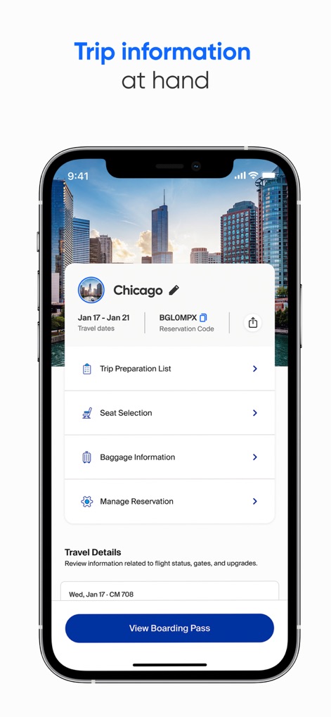 Copa Airlines - La aplicación consolida toda la información relevante del viaje, permitiendo acceder a la lista de preparación del viaje y a la gestión de la reserva desde una única pantalla.