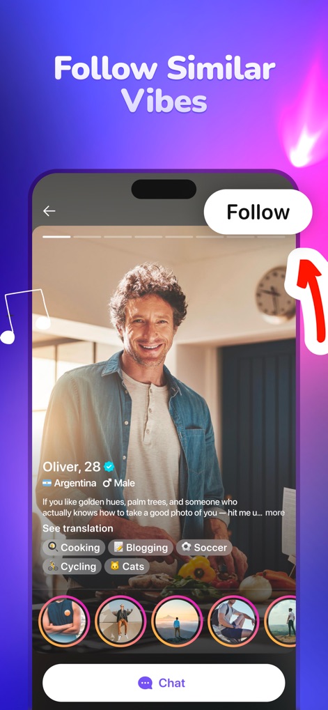 TopLive: Watch Live Streams - Los usuarios pueden explorar perfiles detallados de creadores como Oliver, 28, donde se muestra su país de origen y una biografía, junto con una variedad de intereses visuales como "Cooking" y "Cats" que permiten la conexión con gustos similares.