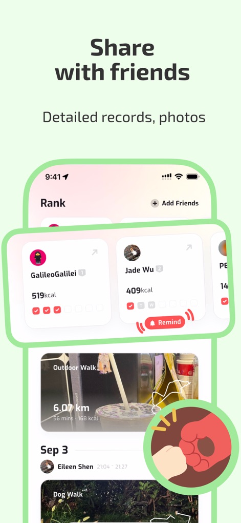 Fito: Fitness Streak, Calorie - Users can connect with friends on a ranking leaderboard and share detailed workout records, routes, and photos within the app's social features.
