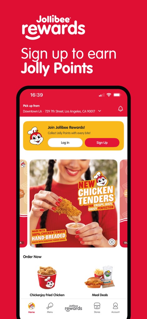 Jollibee - Order & Rewards - このアプリでは、「Jollibee Rewardsへの登録」を促し、新商品の「チキンテンダーのプロモーション」が表示され、魅力的なオファーでユーザーを惹きつけます。