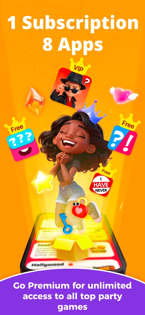 Imposter Game: Spark PartyPass - Discover the value of the "1 Subscription 8 Apps" model, granting access to a collection of titles including Truth or Dare and Never Have I Ever.