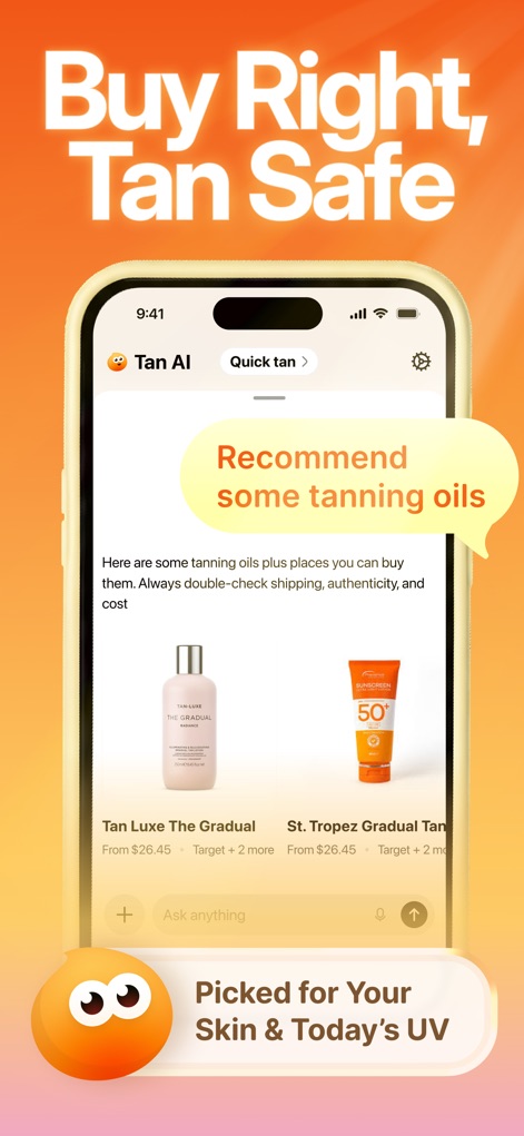 Tan AI: Tanning app - Discover the app's product recommendation engine, which suggests items like "tanning oils" and specific brands such as "Tan Luxe The Gradual" tailored to user needs.