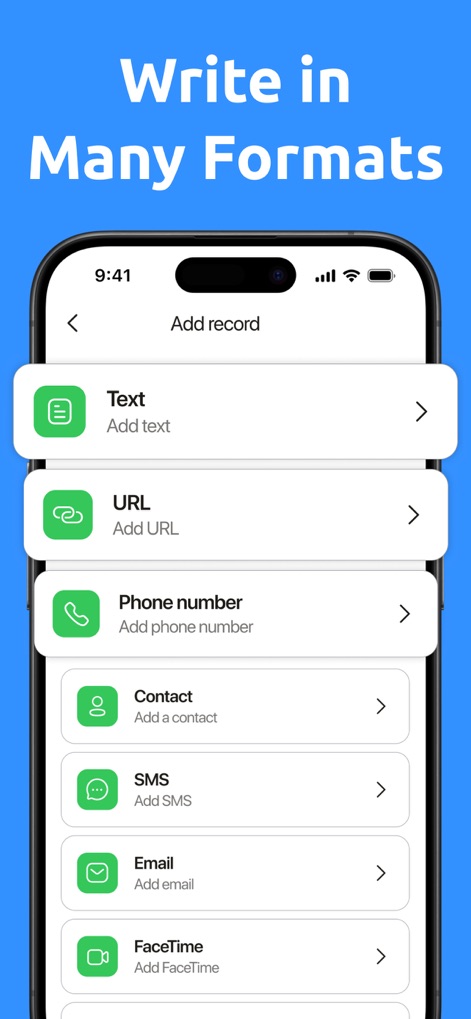 NFC Reader & Scannerㅤ - Explore the broad spectrum of data types supported for writing, including options like "URL" and "Email" to customize NFC tags.