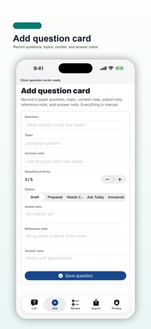 Clinic Question Cards screenshot