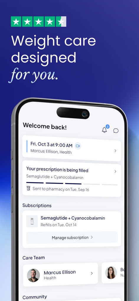 Mochi Health: Weight Loss Care - Users can quickly view their upcoming appointments and current prescription status, including details for medications like Semaglutide + Cyanocobalamin, alongside direct access to their dedicated Care Team profiles.