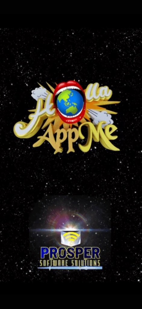 Holla App Me - La pantalla de inicio de Holla App Me introduce a los usuarios con su distintivo logo central (un globo terráqueo en una boca) y el crédito de su desarrollador 'Prosper Software Solutions', estableciendo la identidad visual de la aplicación.
