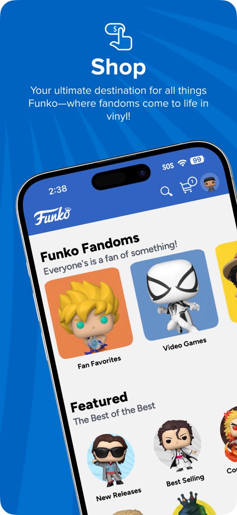 Funko - O aplicativo oferece uma experiência de compra integrada, destacando a seção "Funko Fandoms" para navegação por interesses e apresentando "New Releases" na área de itens em destaque.