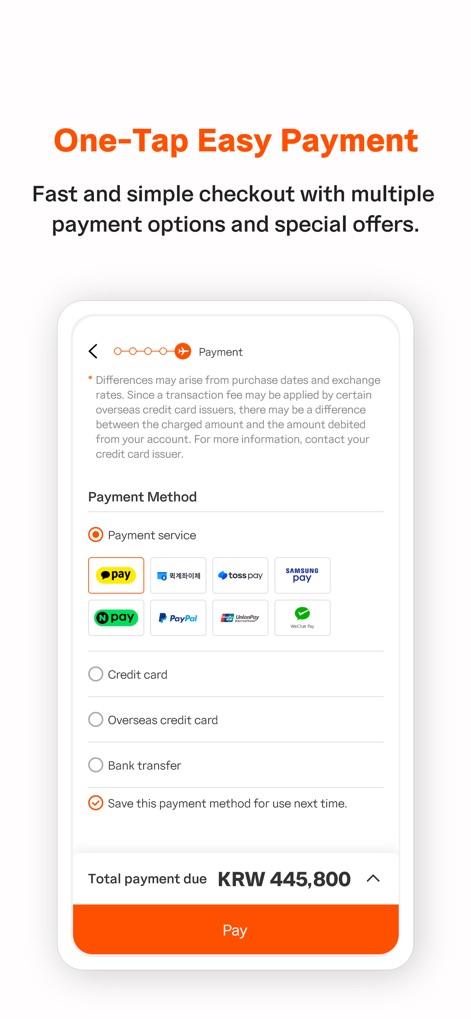 Jeju air - The app offers a variety of convenient payment methods, including popular digital wallets like Kakao Pay and WeChat Pay, alongside traditional credit card options.