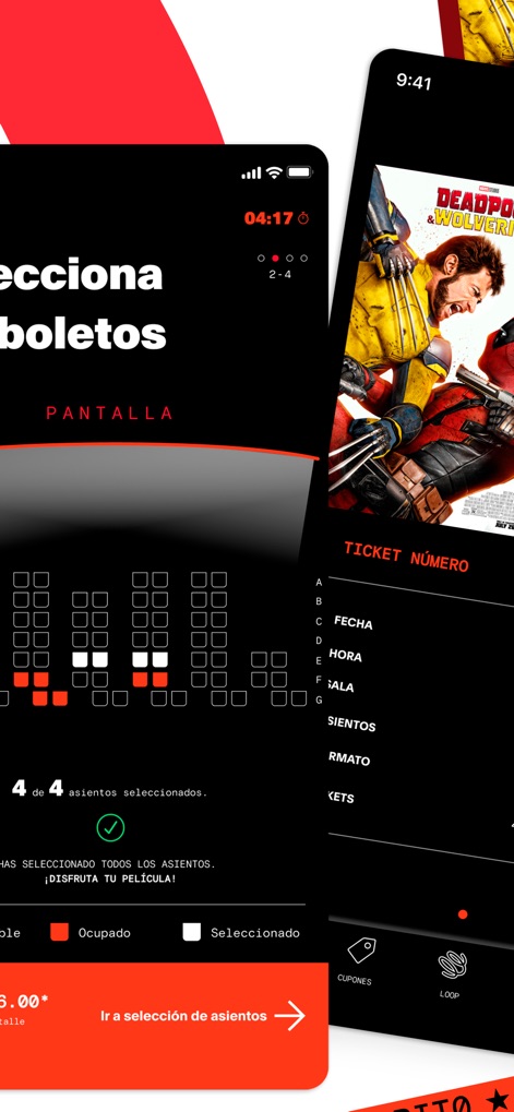 Cinemex - La herramienta presenta el mapa de la sala con la distribución de asientos y una clara leyenda que distingue los disponibles de los ocupados.