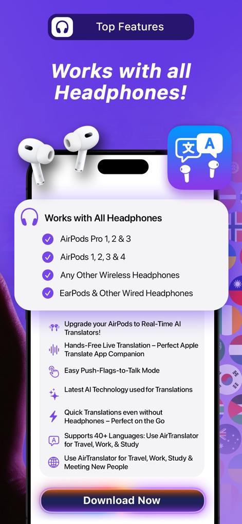 AirTranslator AirPod Translate - La aplicación demuestra su versatilidad al listar la compatibilidad con "AirPods Pro 1, 2 & 3" y "cualquier otro auricular inalámbrico", destacando los auriculares Airpods representados.