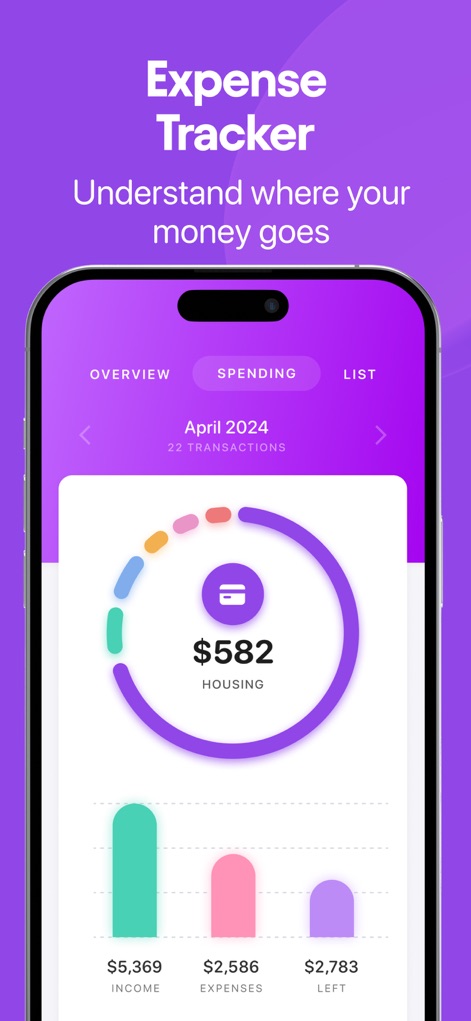 Buddy: Budget Planner App - Cet outil visualise clairement les dépenses avec une répartition circulaire par catégorie et des barres détaillées pour les revenus et les soldes restants.