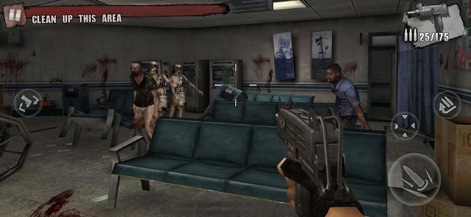 Zombie Frontier 3: Sniper FPS - Los jugadores se enfrentarán a zombis en escenarios interiores detallados, como este hospital abandonado con manchas de sangre en las paredes, lo que intensifica la atmósfera de supervivencia y terror.