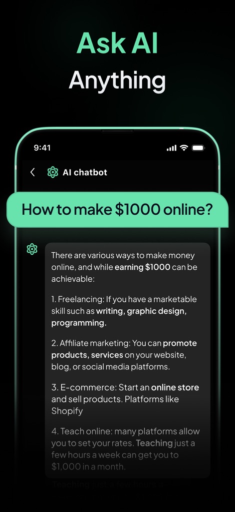 AI Chatbot - Ask Me Anything - Users can ask complex questions and receive a detailed, structured response, as shown by the green input bubble and the numbered list of suggestions.